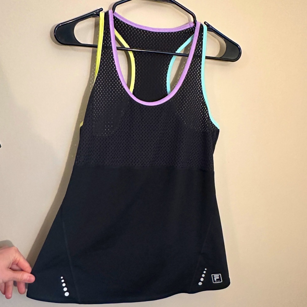 Fila sport solid and mesh black tank with colorful neck and arm lining size M!